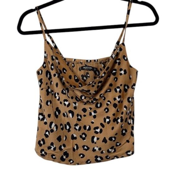 Nasty Gal Leopard Print Satin Cowl Neck Top Adjustable Strap Elastic back Size 0 - Picture 2 of 11